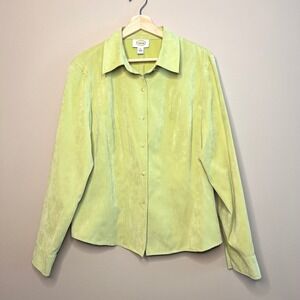 Talbots Women Lime Green Suede Feel Collared Button Up Shirt Top Size L